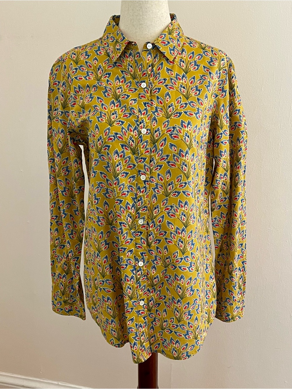 J McLaughlin Cotton Floral Button Down Shirt Mustard Blue Red S